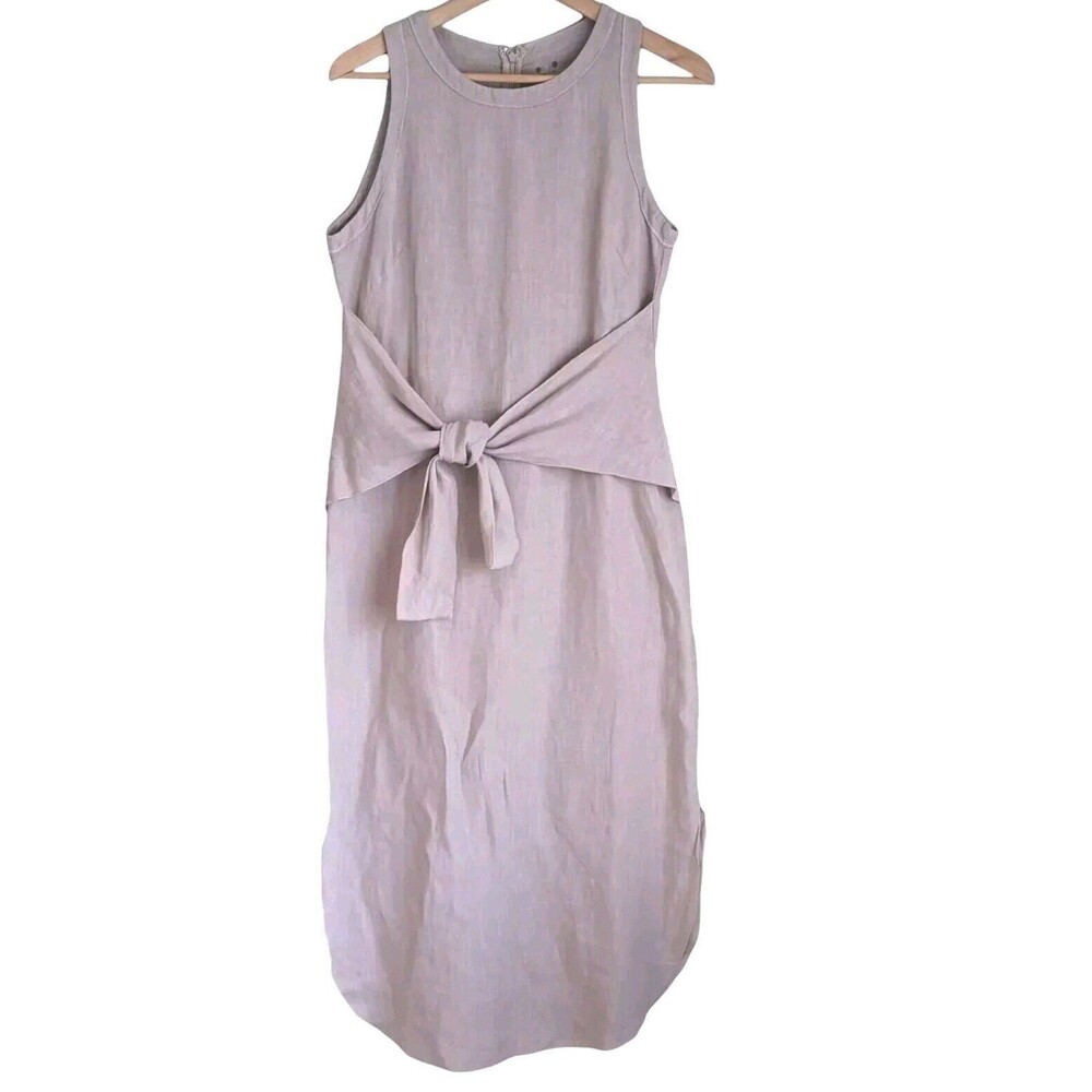 Three Dots Linen Sleeveless Tie Front Tan Beige Shirt Dress Womens S  Summer